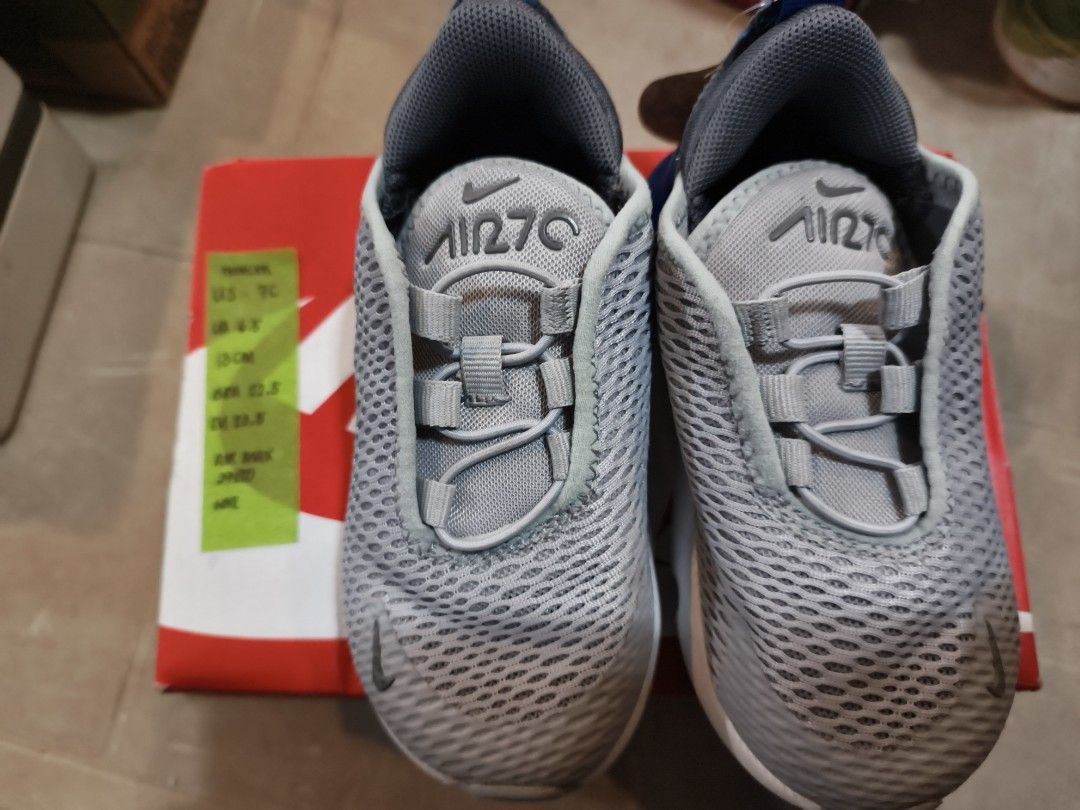 Nike Air Max 270 TD - Grey/Blue (Category: Babies & Kids Fashion) located in Silang. Submitted by trufflesbee (Listing ID 1418881891, Image 1). Description: - Nike Air Max 270 TD - Color: Grey and Blue - Size: 7C (US), 6.5 (UK), 13 CM, 23.5 EUR - Features Air 270 logo on tongue and heel - Mesh upper - Blue heel accent - Comes with original box.