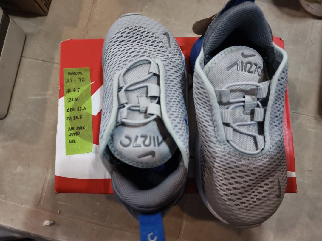 Nike Air Max 270 TD - Grey/Blue (Category: Babies & Kids Fashion) located in Silang. Submitted by trufflesbee (Listing ID 1418881891, Image 3). Description: - Nike Air Max 270 TD - Color: Grey and Blue - Size: 7C (US), 6.5 (UK), 13 CM, 23.5 EUR - Features Air 270 logo on tongue and heel - Mesh upper - Blue heel accent - Comes with original box.