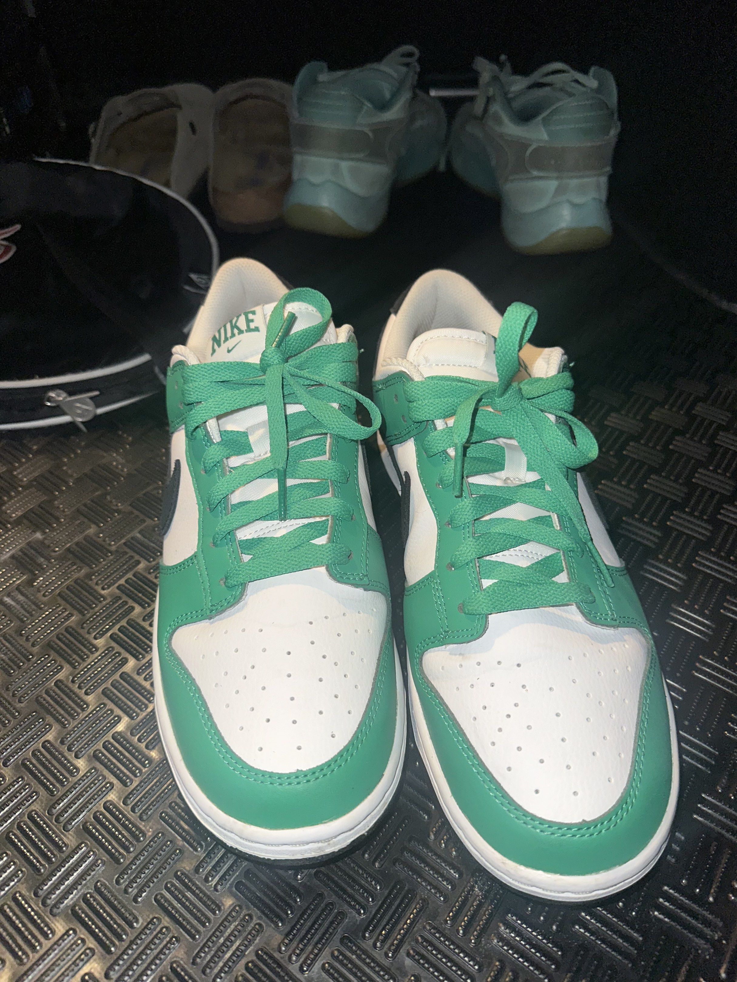 Nike Dunk Low Green White (Category: Sneakers) located in Quezon City. Submitted by chaeyoung324 (Listing ID 1418969012, Image 1). Description: - Nike Dunk Low - Green and white colorway - White leather upper - Green overlays - Black swoosh - Green outsole - Nike logo on tongue - Some wear on soles - Green laces Used only 1-2 times Rfs: Decluttering Nego for sure buyer.