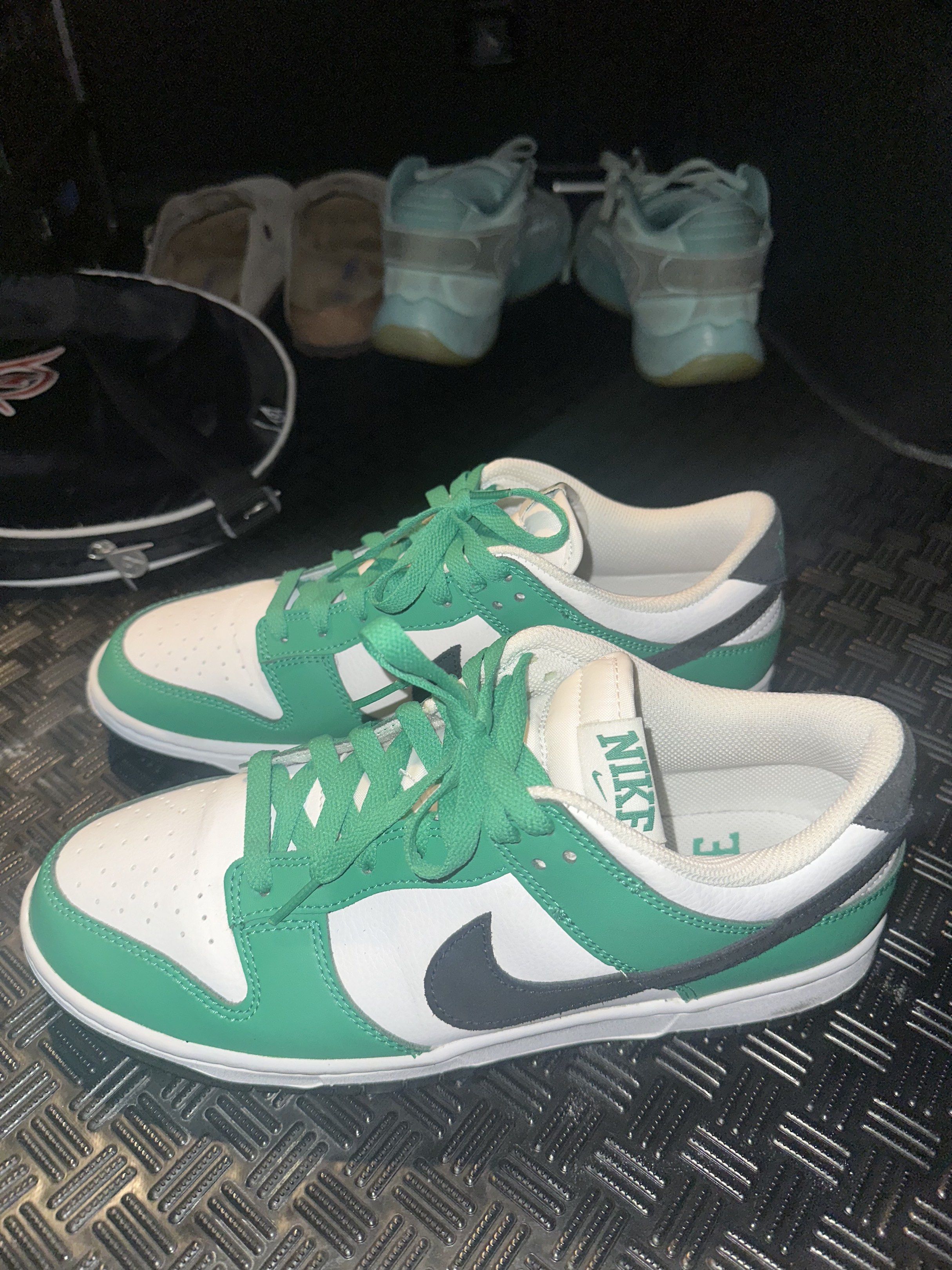 Nike Dunk Low Green White (Category: Sneakers) located in Quezon City. Submitted by chaeyoung324 (Listing ID 1418969012, Image 2). Description: - Nike Dunk Low - Green and white colorway - White leather upper - Green overlays - Black swoosh - Green outsole - Nike logo on tongue - Some wear on soles - Green laces Used only 1-2 times Rfs: Decluttering Nego for sure buyer.