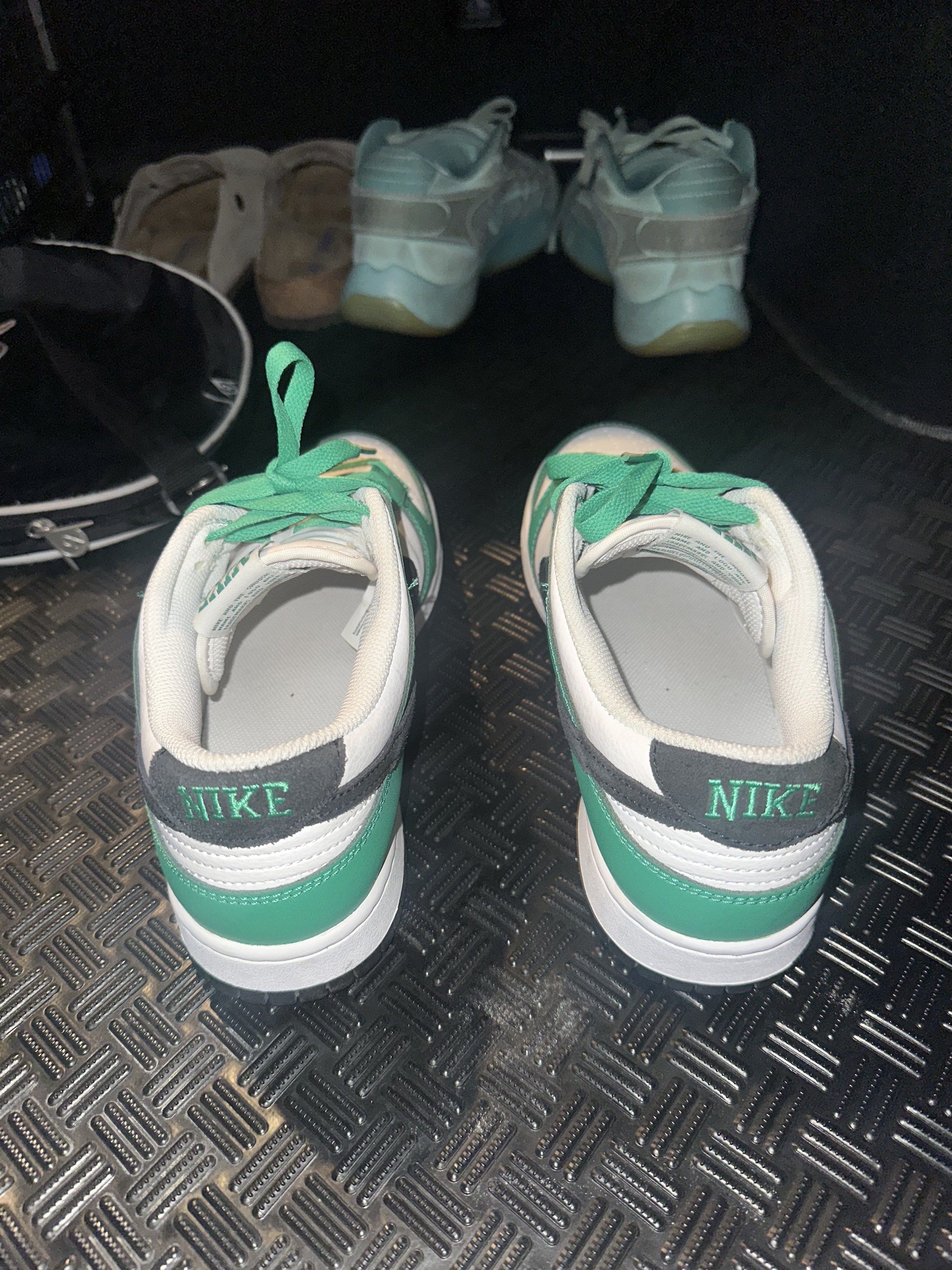 Nike Dunk Low Green White (Category: Sneakers) located in Quezon City. Submitted by chaeyoung324 (Listing ID 1418969012, Image 3). Description: - Nike Dunk Low - Green and white colorway - White leather upper - Green overlays - Black swoosh - Green outsole - Nike logo on tongue - Some wear on soles - Green laces Used only 1-2 times Rfs: Decluttering Nego for sure buyer.