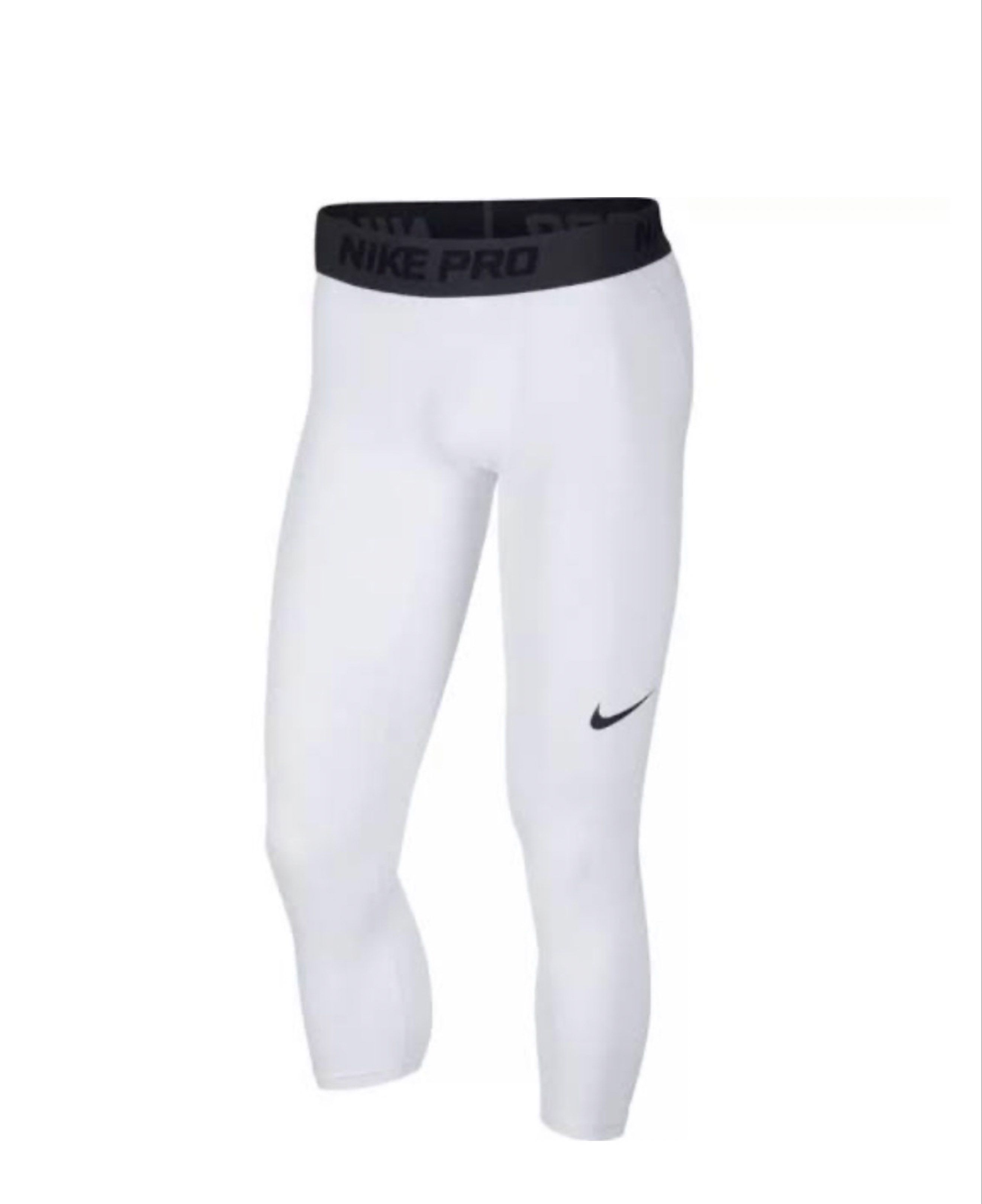 Nike Pro White Mens Dri-Fit Compression (Category: Activewear) located in Davao. Submitted by bydonbu (Listing ID 1418838044, Image 1). Description: - Nike Pro 3/4 leggings - Color: White - Black waistband with Nike Pro logo - Nike swoosh logo on leg - Made of breathable, athletic material - Perfect for workouts and casual wear - Used for basketball - No issues.