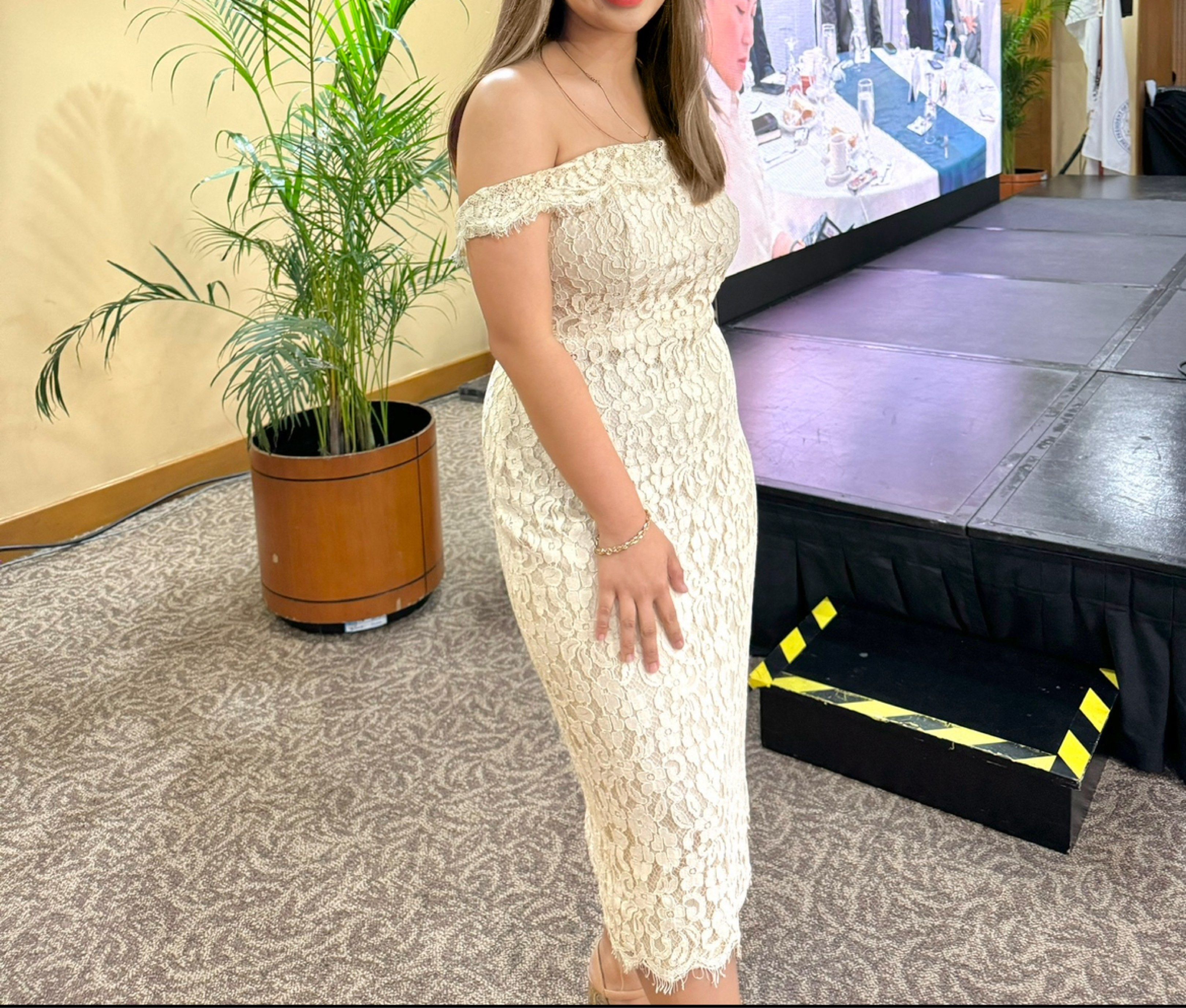 Off-Shoulder Lace Dress (Category: Dresses) located in Quezon City. Submitted by cheeseburgerry (Listing ID 1418902328, Image 2). Description: - Cream-colored off-shoulder dress - Delicate lace overlay - Fitted silhouette - Knee-length - Lined - Ideal for special events and nights out.