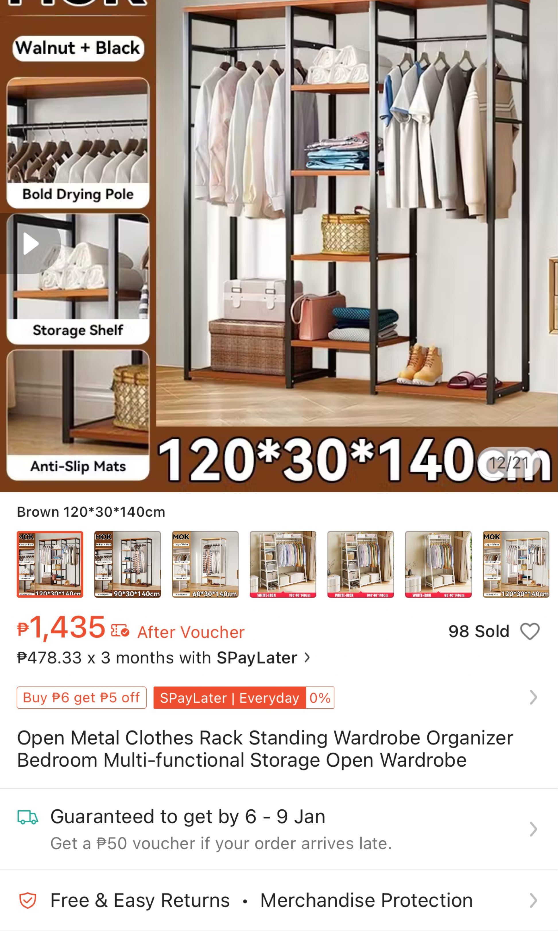 Open metal clothes rack wardrobe (Category: Shelves, Cabinets & Racks) located in Manila. Submitted by itsr2 (Listing ID 1418802162, Image 1). Description: Brand new clothes rack organizer. Just assembled but not used because hindi kasya sa space. - had an issue/tear sa wood dahil natapakan nung inaassemble.