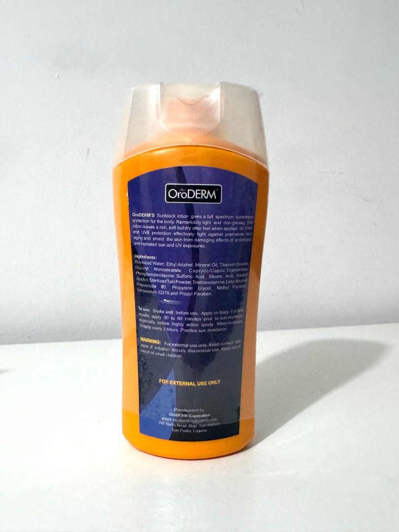 OroDERM Sunblock Lotion (Category: Face Care) located in Caloocan City. Submitted by orofran (Listing ID 1418842942, Image 3). Description: OroDERM Sunblock Lotion SPF 23 Sunscreen Full Spectrum for the Body Water Resistant- gives a full spectrum sunscreen protection for the body. Remarkably light and non greasy. This lotion leaves a rich, soft but dry after feel when applied. Its UVA and UVB protection effectively fight against premature skin ag