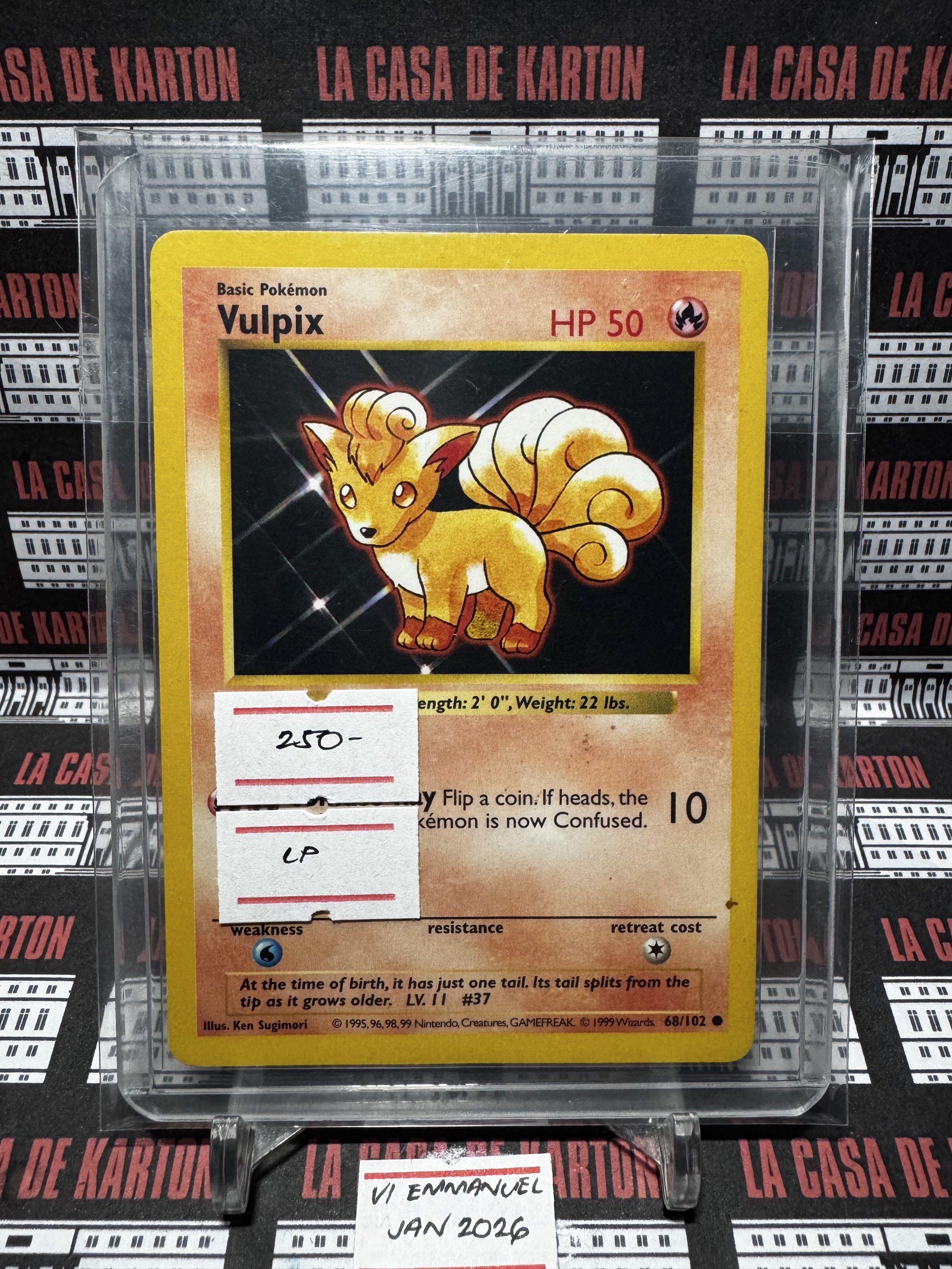 Pokemon Vulpix Card (Category: Raw Singles) located in Pateros City. Submitted by lacasadekartonph (Listing ID 1418941453, Image 1). Description: - Vulpix Pokemon card - From Base Set (68/102) - HP: 50 - Condition: LP (Lightly Played) - Includes protective case - Price: ₱250.