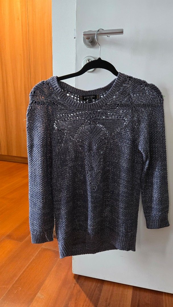 Principles by Ben de Lisi Knit Sweater (Category: Coats, Jackets and Outerwear) located in Quezon City. Submitted by wikimamad (Listing ID 1418830315, Image 1). Description: - Principles by Ben de Lisi sweater (Debenhams) - Open-knit design - Round neckline - Long sleeves - Blue and white textured threads - Size: 8 - Good for layering - with minor flaws.