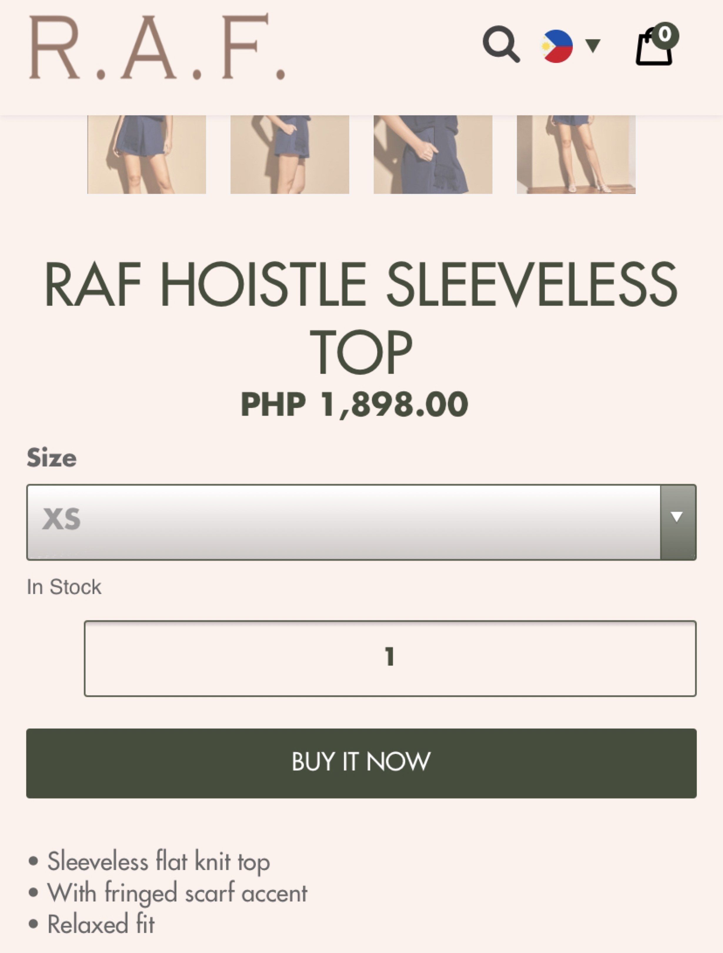 RAF Hoistle Sleeveless Top - XS (Category: Sleeveless) located in Manila. Submitted by jcmph (Listing ID 1418835133, Image 1). Description: - RAF Hoistle sleeveless top - Size: XS - Design: Sleeveless - Fabric: Flat knit - Accent: Fringed scarf - Fit: Relaxed First photo from RAF Chest 16 inches Length 19 inches.