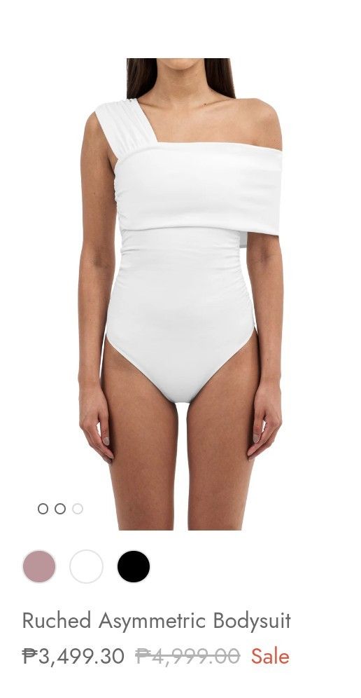 Patton Ruched Asymmetric Bodysuit - White (Category: Others Tops) located in Manila. Submitted by csisters3 (Listing ID 1418895394, Image 1). Description: Only worn once for my birthday White ruched asymmetric bodysuit. Features an off-the-shoulder design with a single strap. The bodysuit has a fitted silhouette with ruched detailing. the original price was ₱4,999.00, now on sale in the website for ₱3,499.30. bought in original price.