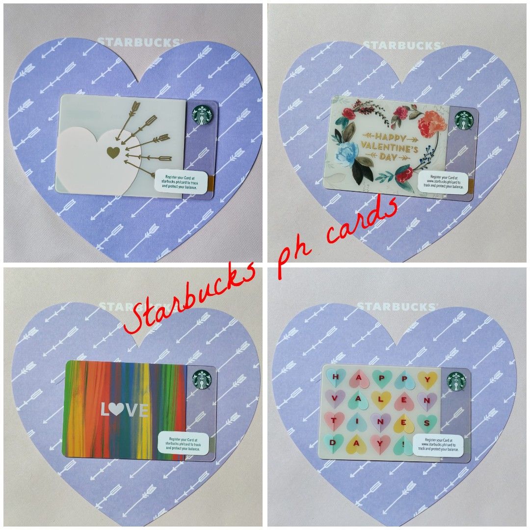 Starbucks Valentine's Day Gift Card (Category: Storybooks) located in Quezon City. Submitted by danilo.danilo4 (Listing ID 1418483406, Image 1). Description: The Valentine's Day cards are heart-shaped, one with a blue arrow pattern and the other with the message "You captured my." and space for "To" and "From". 300 Each.