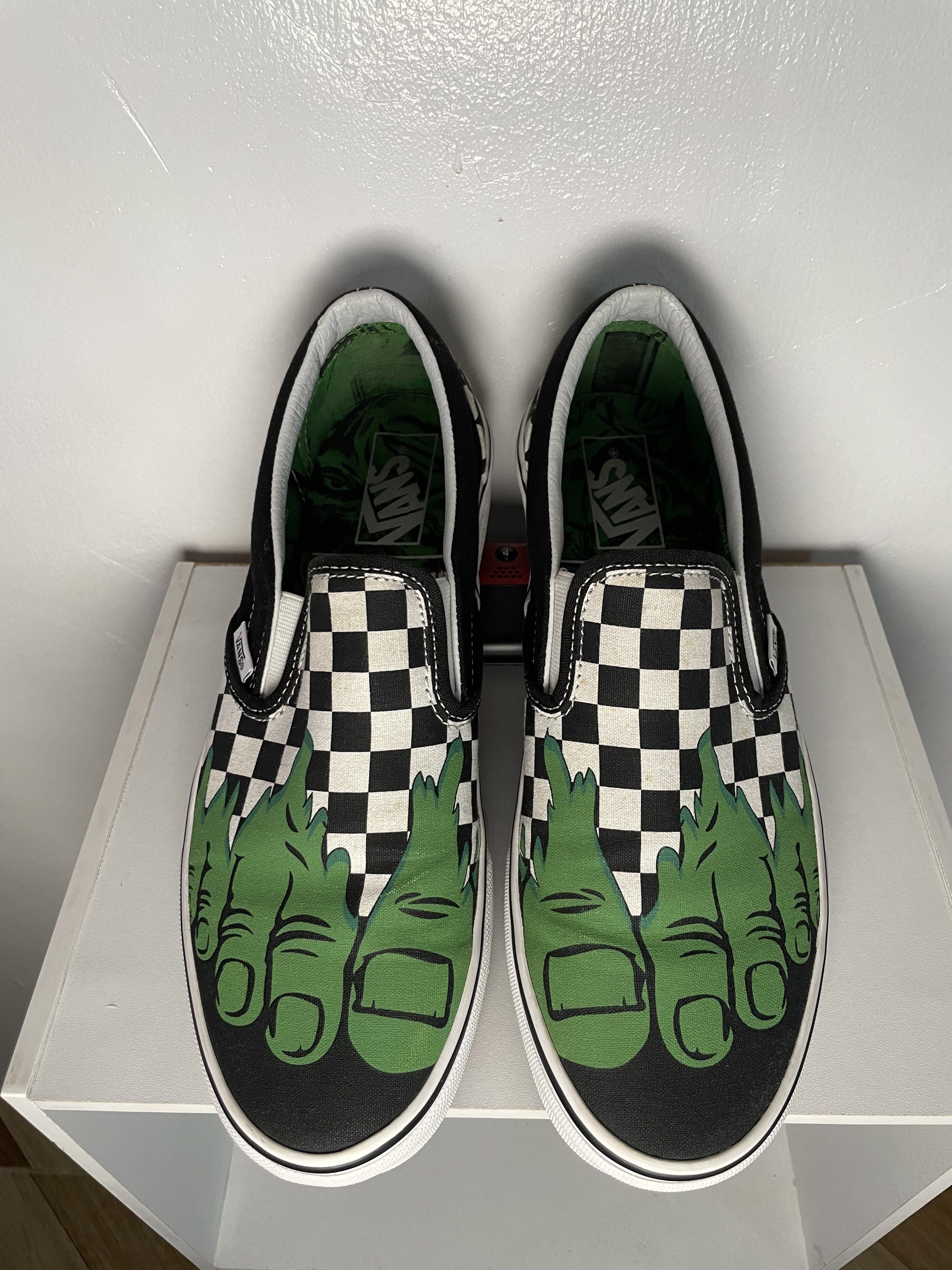 Vans X Marvel Collab Limited edition (Category: Sneakers) located in Quezon City. Submitted by spehace (Listing ID 1418807166, Image 1). Description: 📌 Vans X Marvel Incredible Hulk Checkerboard classic Slip-On Limited Edition • Authentic • In good condition • Size: 9 US • Used twice • No heel drags • Lost Box, Can provide alternative box - Direct PM if interested..