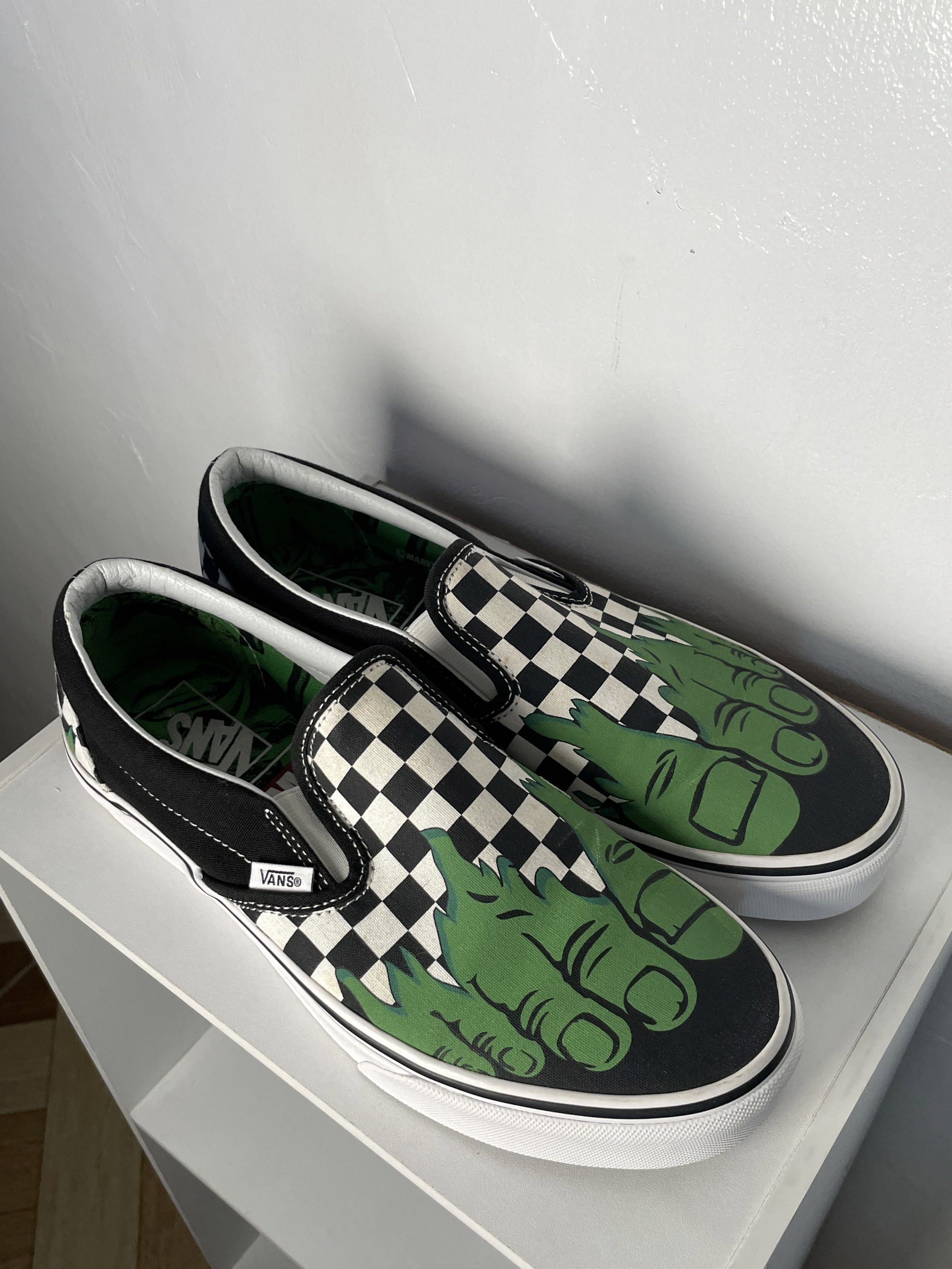 Vans X Marvel Collab Limited edition (Category: Sneakers) located in Quezon City. Submitted by spehace (Listing ID 1418807166, Image 2). Description: 📌 Vans X Marvel Incredible Hulk Checkerboard classic Slip-On Limited Edition • Authentic • In good condition • Size: 9 US • Used twice • No heel drags • Lost Box, Can provide alternative box - Direct PM if interested..