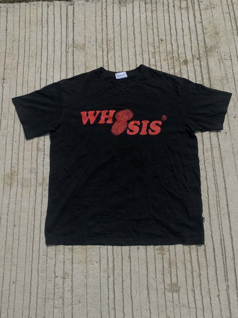 WHOSIS Black T-shirt (Category: Tshirts & Polo Shirts ) located in Davao. Submitted by jsthr1ft (Listing ID 1418827127, Image 1). Description: - Black WHOSIS T-shirt - Red logo on front - Large red fingerprint design on back - Short sleeves - Crew neck - Soft fabric - Size: Not specified.