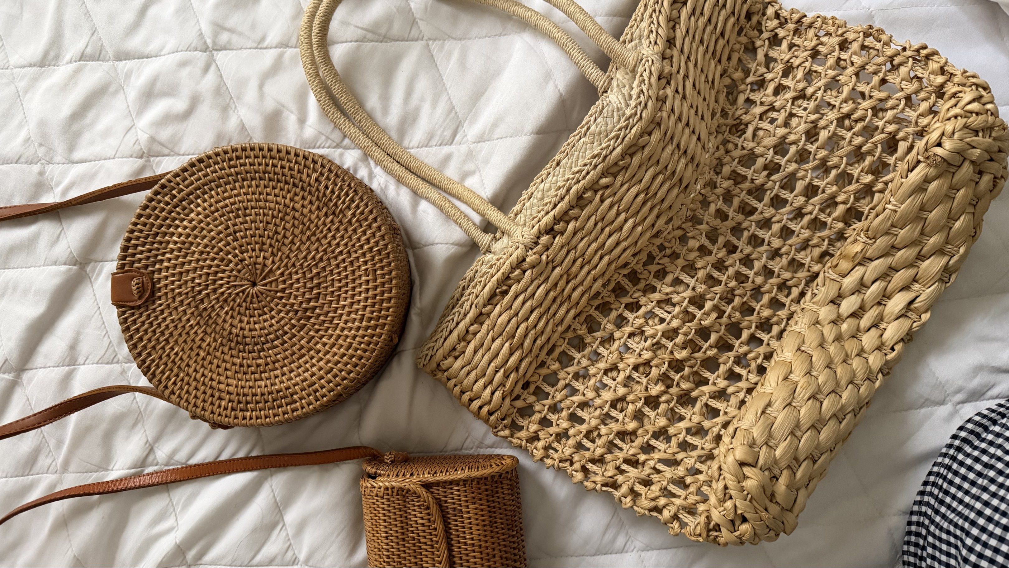 Woven Rattan Handbags (Category: Clutches) located in Pasig City. Submitted by declutterpsg (Listing ID 1418868016, Image 1). Description: - Round crossbody bag with leather strap and button closure. - Rectangular crossbody bag with leather strap and button closure. - Large tote bag with woven handles. All bought from Bali Indonesia Round- 400 pesos Rectangle- 500 pesos ❌ sold Tote- 500 pesos.
