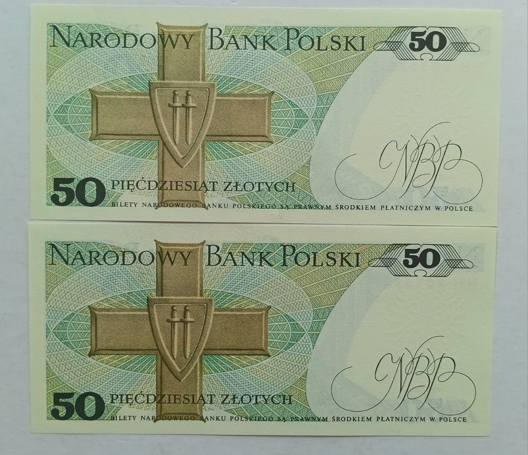 波蘭1988年50茲羅提兩張連號UNC（HH2833207-08）, 興趣及遊戲, 收藏品及紀念品, 錢幣- Carousell