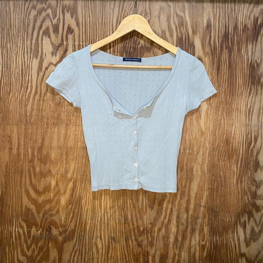 Brandy Melville Vneck Button Front Cardigan Top (Category: Blouses) located in Manila. Submitted by _thrift.gal (Listing ID 1413583955, Image 3). Description: Size: S to M Width: 16 Length: 17 Color Rate:10/10 Condition:Excellent Issues: None.