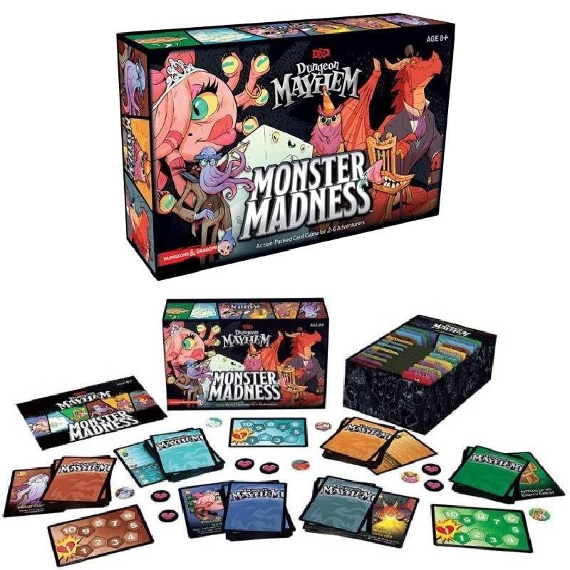 DUNGEON MAYHEM : MONSTER MADNESS (CARD GAME) (Category: Board Games & Puzzles) located in Santa Rita. Submitted by apex_curated (Listing ID 1413535764, Image 2). Description: Key Details Publisher: Wizards of the Coast Players: 2 to 6 players Play Time: Approximately 10-15 minutes per game Recommended Age: 8+ Gameplay Mechanics: Players choose one of six unique monster decks, each with distinct powers and playstyles. On your turn, you draw a card