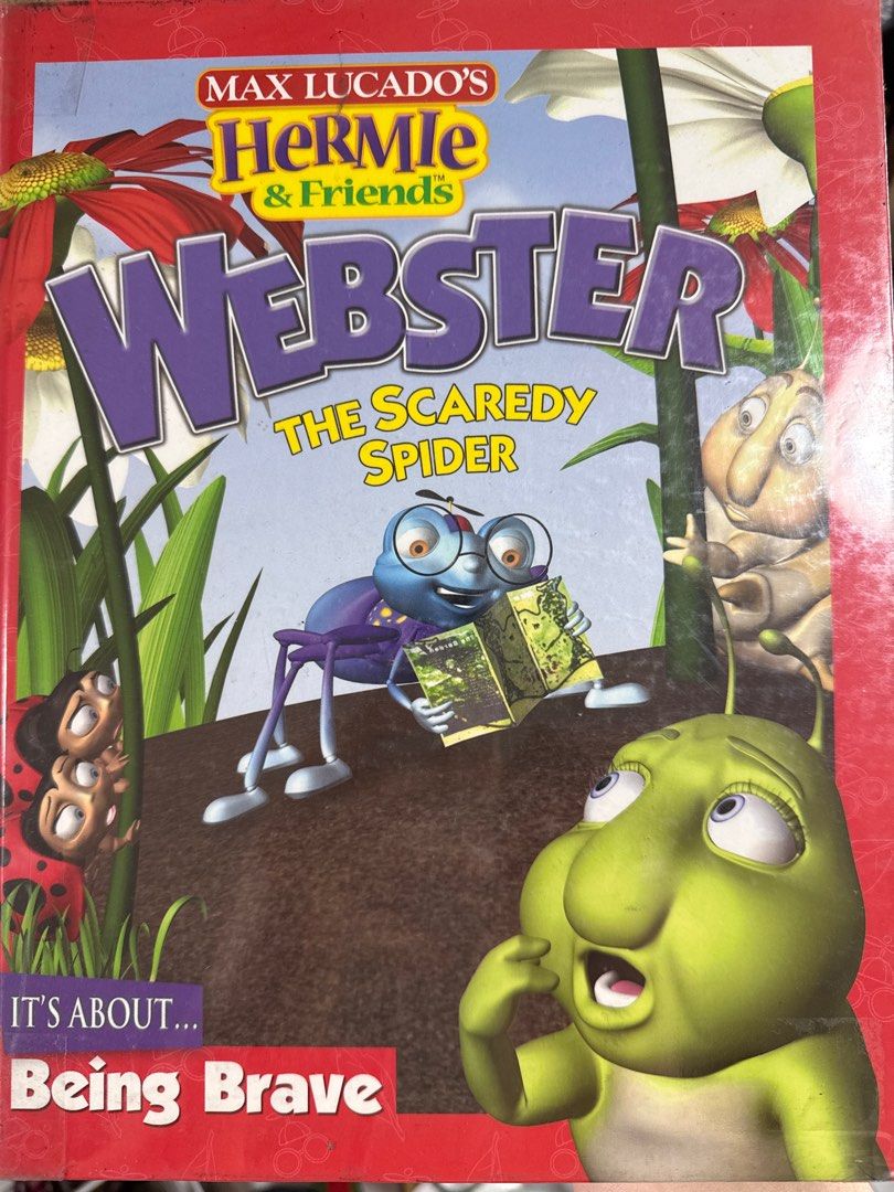 Hermie & Friends Webster The Scaredy Spider (Category: Children's Books) located in Quezon City. Submitted by timoshop (Listing ID 1413481033, Image 1). Description: - Children's book featuring Webster the Scaredy Spider from the Hermie & Friends series. - Teaches lessons about bravery. - Features colorful illustrations. - Has a red border. - Shows Webster with other insect characters on the cover..