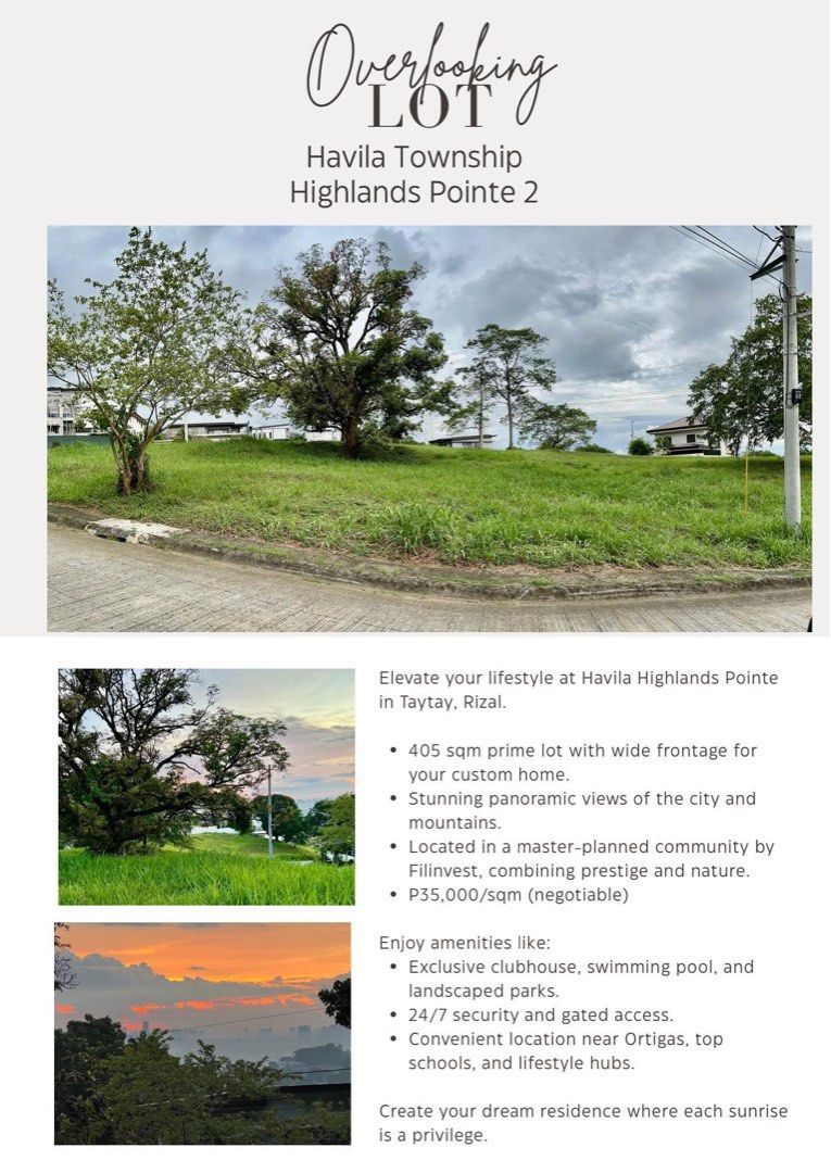 Highland Pointe (Category: Lot) located in Pasig City. Submitted by cathyvr (Listing ID 1413447208, Image 1). Description: Overlooking lot in Highland Pointe Havila 405 sqm. Wide frontage Negotiable .