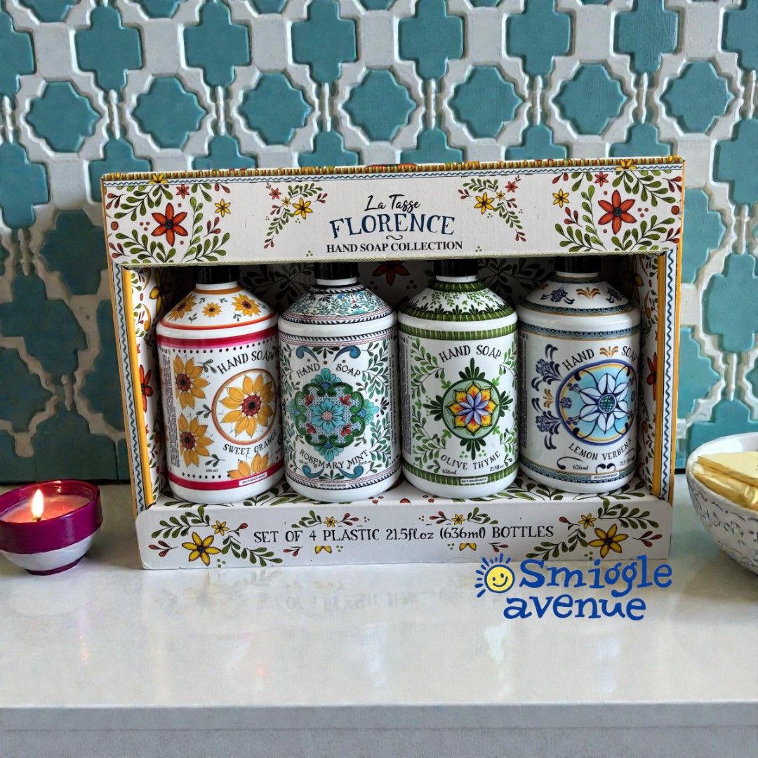 La Tasse Florence Hand Soap Collection Set (Category: Bath) located in Taytay. Submitted by smiggleavenue (Listing ID 1413450603, Image 1). Description: Set of La Tasse Florence hand soaps. The set includes four bottles with different scents: Sweet Orange, Rosemary Mint, Olive Thyme, and Lemon Verbena. Each bottle is 215 fl oz (636ml). The set comes in a decorative box..