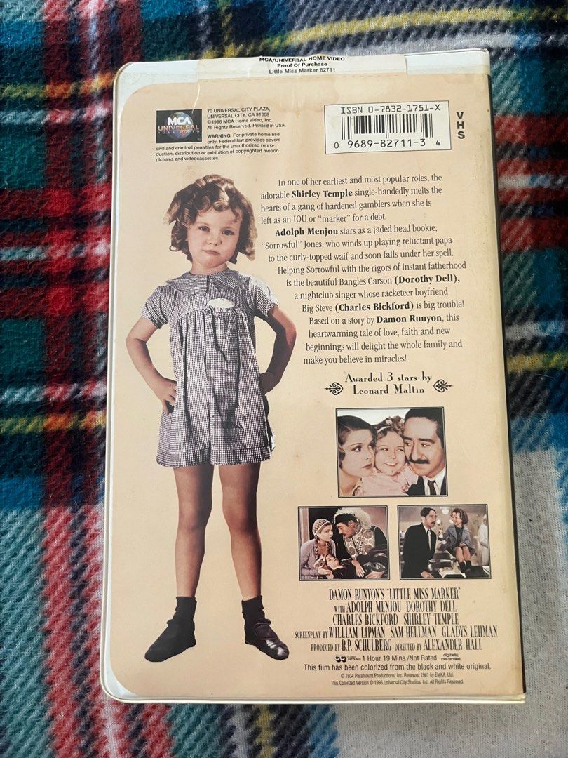 Little Miss Marker VHS Tape (Category: Vintage Collectibles) located in Subic. Submitted by p0rcelain (Listing ID 1413471331, Image 3). Description: - Little Miss Marker VHS tape -From Shirley Temple Collection - Originally released by MCA Home Video - Case includes movie synopsis and cast/crew details Message me for more inquiries!.