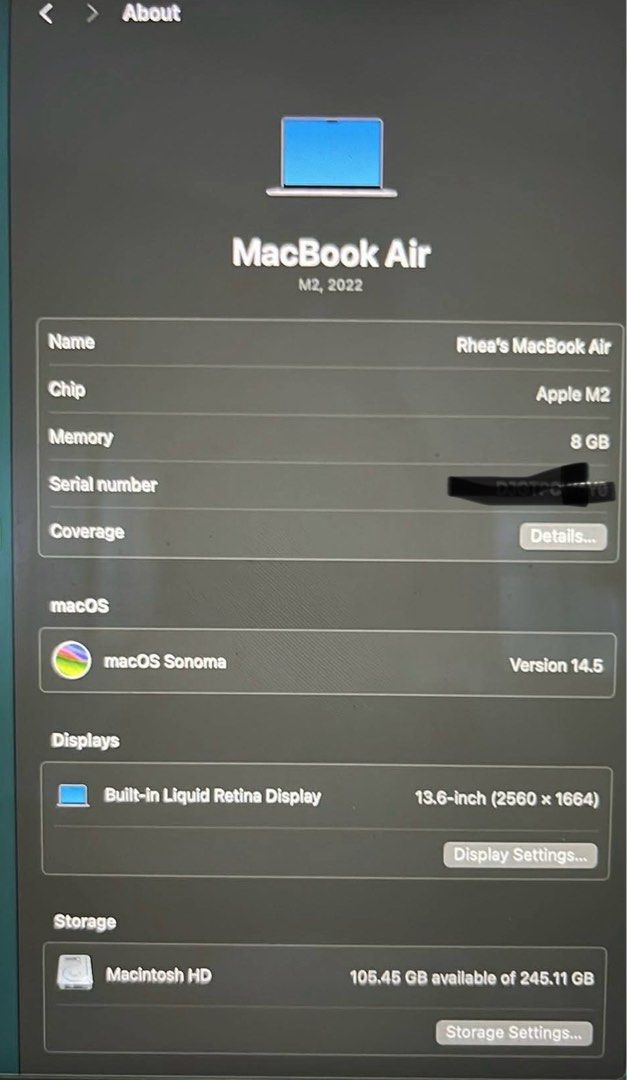 Macbook Air M2 2022 13-inch (Category: Laptops & Notebooks) located in Quezon City. Submitted by luxurhee (Listing ID 1413538167, Image 3). Description: Performance & Chip Apple M2 chip – 8-core CPU (4 performance + 4 efficiency) 8-core GPU (graphics) with an option to configure up to 10-core on some models 16-core Neural Engine for machine learning acceleration Unified memory architecture (very fast shared RAM) Apple Support 🧠 Memory & Storage 