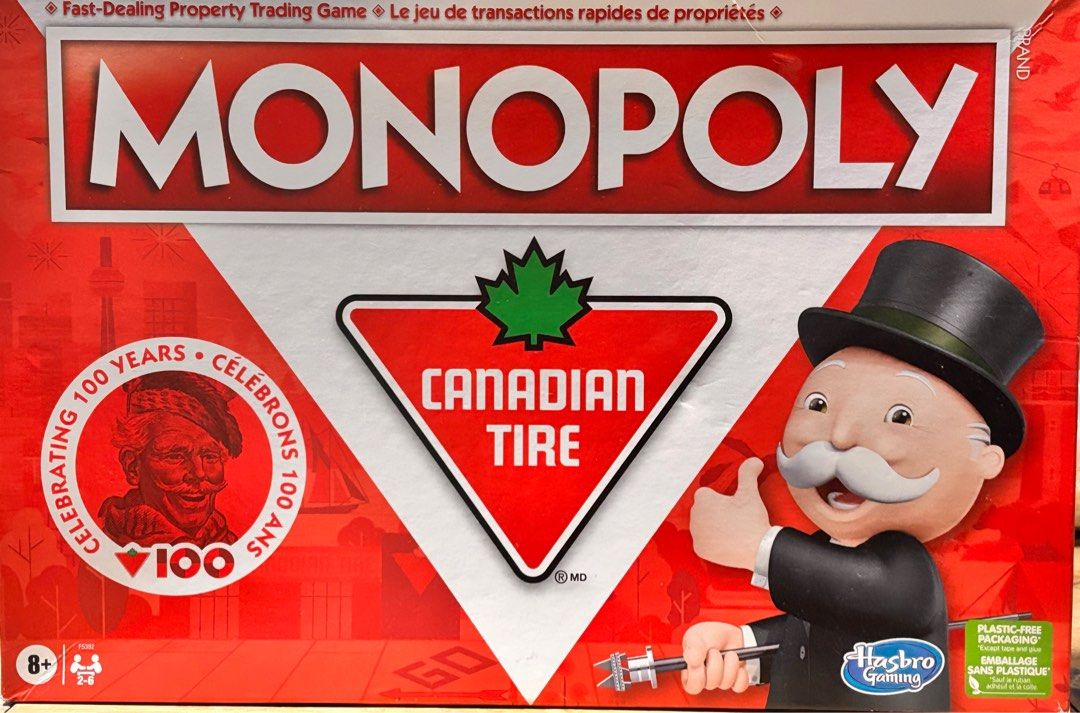 Monopoly Canadian Tire Edition Board Game (Category: Board Games & Puzzles) located in Quezon City. Submitted by anythinggoesbymnm (Listing ID 1413486195, Image 2). Description: - Monopoly Canadian Tire Edition - Includes: Game board, tokens, cards, dice, and play money - For 2-6 players - Ages 8+ - Features French cards - Special 100-year edition.