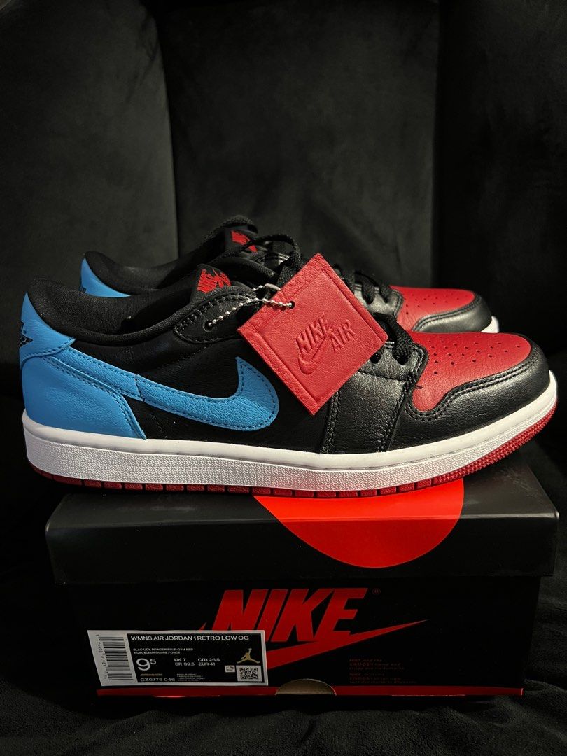 Nike Air Jordan 1 Retro Low OG (Category: Sneakers) located in Quezon City. Submitted by unfknblvblgrl (Listing ID 1413648400, Image 3). Description: - Nike Air Jordan 1 Retro Low OG - Size: US 9.5 - Colorway: Black, red, and light blue - Features a red toe box - Comes with original box and extra laces - Nike Air logo on tongue and insole.
