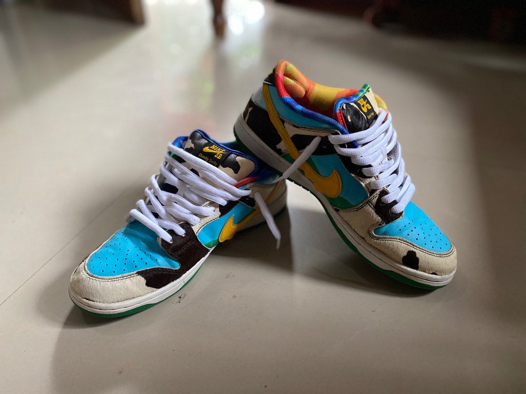 Nike SB Dunk Low Ben & Jerry's Chunky Dunky (Category: Sneakers) located in Iloilo. Submitted by maryne (Listing ID 1413497762, Image 3). Description: - Nike SB Dunk Low Ben & Jerry's Chunky Dunky sneakers - Features: - Blue sky upper - Cow print overlays - Yellow swoosh - Green sole - Colorful tongue design - Includes white laces.