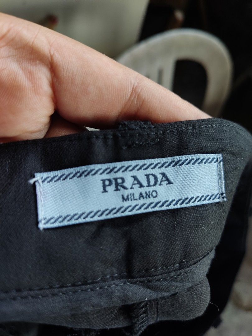 Prada Square Pants (Category: Luxury Apparel) located in Quezon City. Submitted by thrifting-dnx095 (Listing ID 1413619892, Image 2). Description: Excellent Condition ✅ fresh from the bale color rate 9.8/10 or perfect 10 Prada 28 Waistline x 38 length / 9 leg hole.