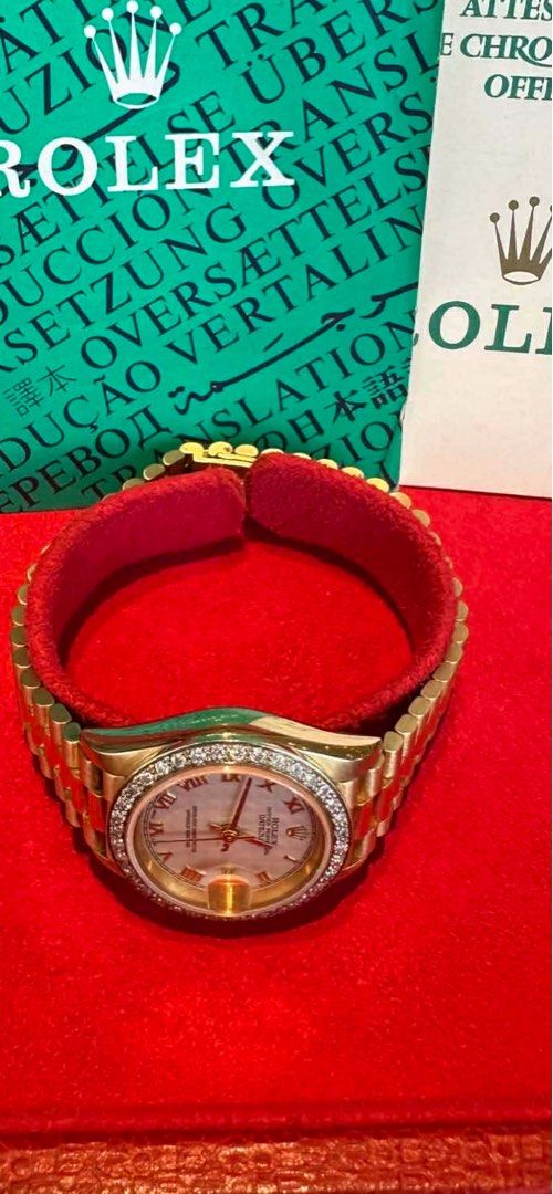 Rolex lady president Diamond Bezel (Category: Luxury Watches) located in Pasig City. Submitted by Watchaholics (Listing ID 1413473745, Image 2). Description: Lady presidenr mop dial With orig box and cert Complete links Afternarket diamond bezel (orig bezel is included) For 730k.