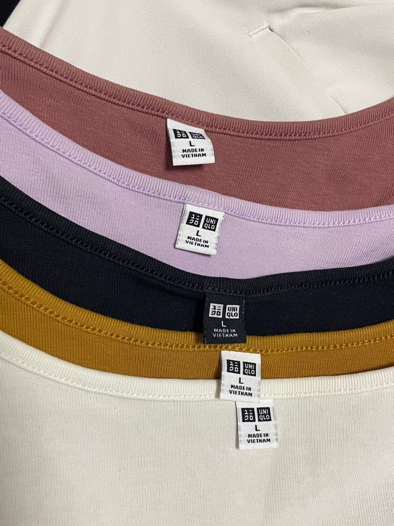 UNIQLO Square Neck Crop Top (L) (Category: Blouses) located in Quezon City. Submitted by daiannic (Listing ID 1413606096, Image 2). Description: Uniqlo Square Neck Crop Top (L) • P300 each only; retails for P790 each • barely used, all in pristine condition! • in color rose, lilac, white, mustard yellow and black; colors are very nice in person • Size L on tag womens; material is stretchy 100% cotton • MOP: GCash / BDO / BPI SOLD — Rose, Lilac, B