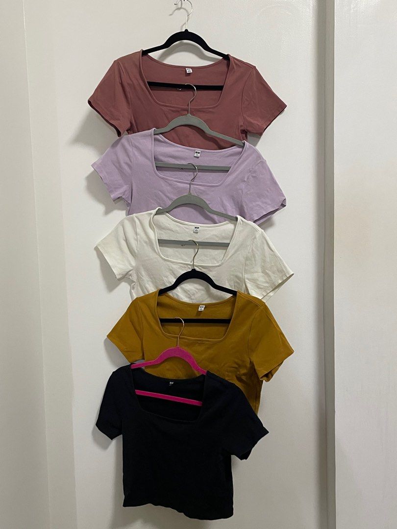 UNIQLO Square Neck Crop Top (L) (Category: Blouses) located in Quezon City. Submitted by daiannic (Listing ID 1413606096, Image 1). Description: Uniqlo Square Neck Crop Top (L) • P300 each only; retails for P790 each • barely used, all in pristine condition! • in color rose, lilac, white, mustard yellow and black; colors are very nice in person • Size L on tag womens; material is stretchy 100% cotton • MOP: GCash / BDO / BPI SOLD — Rose, Lilac, B