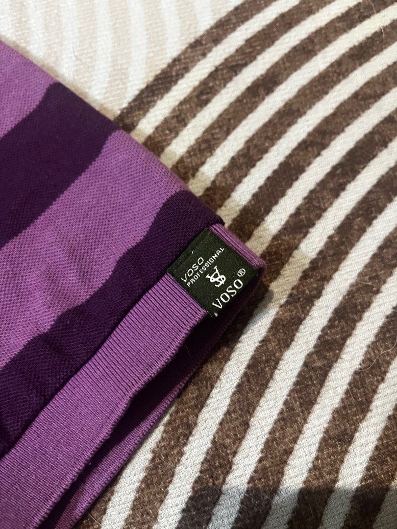 VOSO Striped Polo Shirt - Medium (Category: Tshirts & Polo Shirts ) located in Manila. Submitted by junasssithriftedd (Listing ID 1413500951, Image 2). Description: - VOSO polo shirt - Striped design - Purple and white color - Size: Medium - Collared neckline - Button-up closure - Short sleeves - Classic polo style.