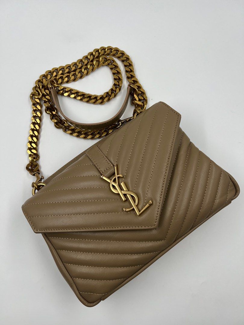 ▪️YSL saint laurent - collage bag (Category: Luxury Bags & Wallets) located in Makati City. Submitted by aveltot_rig (Listing ID 1413529146, Image 1). Description: Item: YSL (Yves Saint Laurent) College Quilted bag Size: Medium 24cm Condition: Gently Used, Good as New! *Sheepskin Matelasse bag feat iconic chevron quil overstitching & cassandre de can be worn cross body 🎌Japan sourced. No certificate or warranty. Not for resale! .