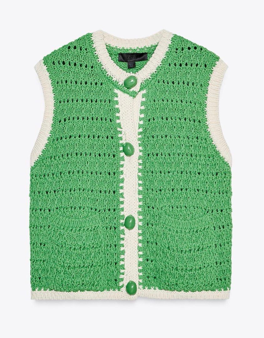 Zara Oversized Button Knitted Waistcoat Top Green (Category: Sleeveless) located in Makati City. Submitted by loriz_mar (Listing ID 1413564890, Image 1). Description: Zara green knit vest with cream trim. Size S. Made in Turkey. Stylish layering piece..