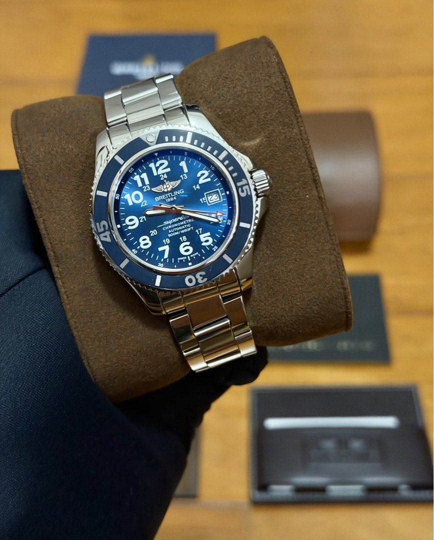 2019 Breitling Superocean 42 (Category: Luxury Watches) located in Makati City. Submitted by timefocusph (Listing ID 1413831114, Image 3). Description: For sale: 2019 Breitling Superocean 42 Blue • Ref. 17365 • 42mm case diameter • Blue bezel and blue dial • 9.5/10 condition (Like New) • Full set- box, card, booklets Selling this for only ₱155,000.00.