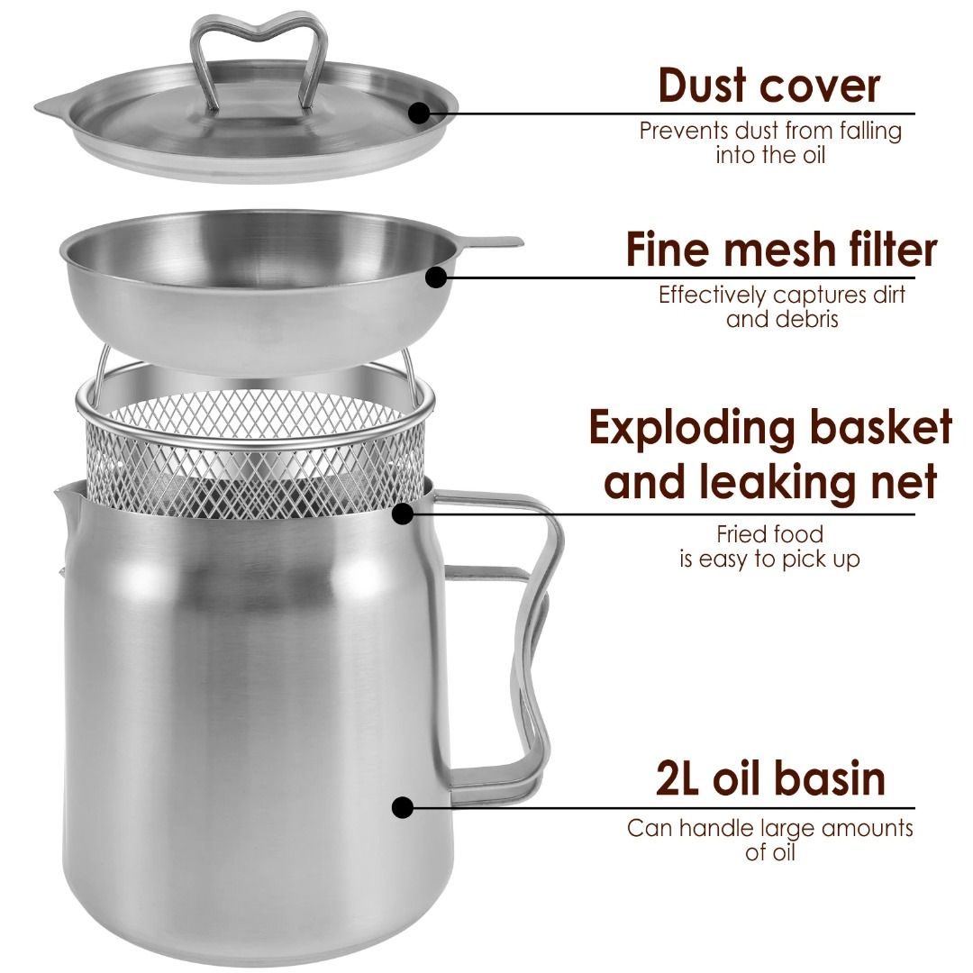 2/1.5L Oil Filter Fry Basket Oil Storage Can Pot Stainless Steel Oil ...