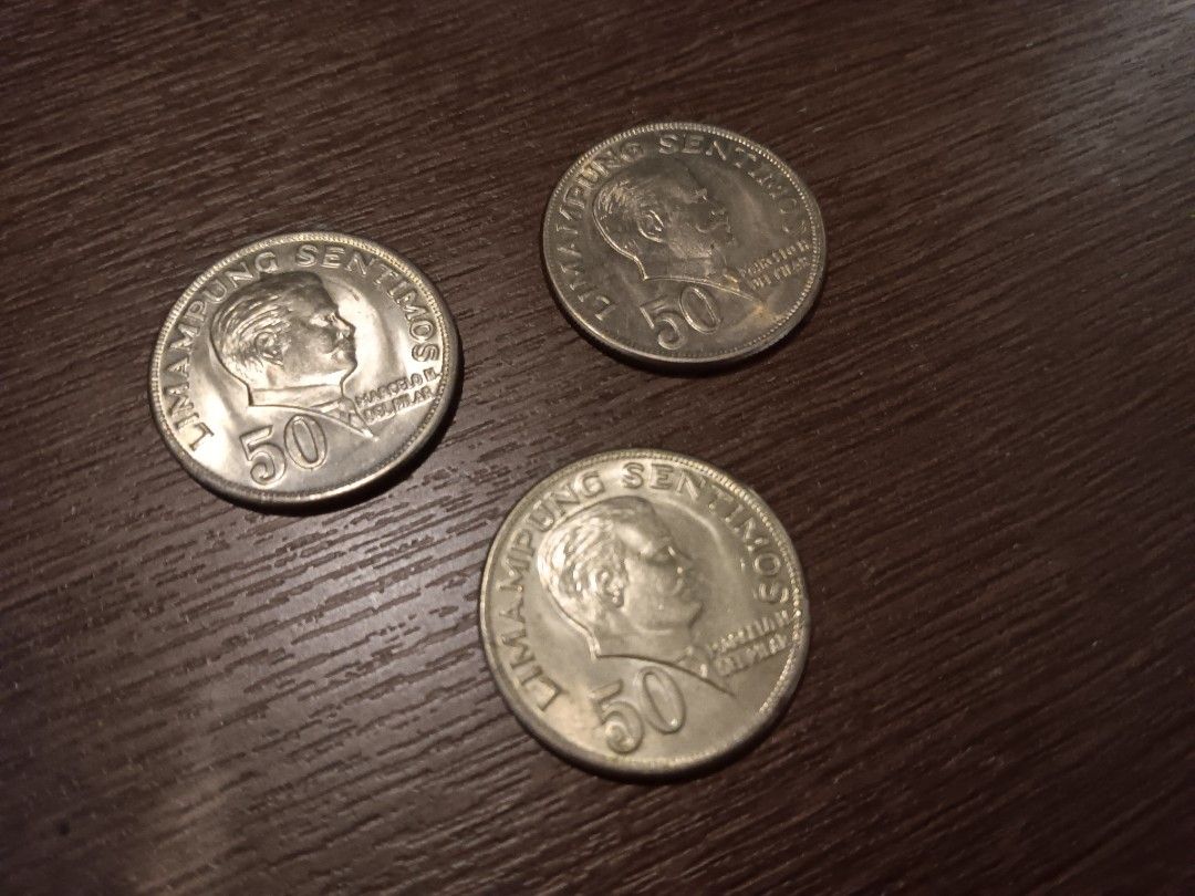 50 Sentimos / 50 Centavos 1972 (Category: Currency) located in Quezon City. Submitted by samotsare (Listing ID 1413764943, Image 1). Description: Set of three 50 Centavos coin 1972 Possibly Uncirculated Still with a nice sheen to them.