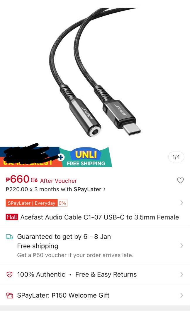 ACEFAST USB-C to 3.5mm Adapter Cable (Category: Chargers & Cables) located in Binan City. Submitted by gia.declutters (Listing ID 1413667334, Image 2). Description: Details: - ACEFAST USB-C to 3.5mm Headphones Adapter - Supports -Fi Lossless Music - Built-in DAC for Original Sound - Wide Device Compatibility - Cable Length: 0.18m (0.6ft) - Color: Black RFS: decided to buy airpods, just opened box and tried.