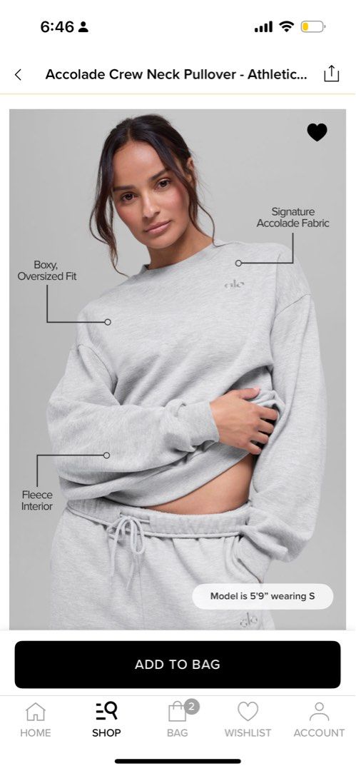 Alo Accolade Crew Neck Pullover - Athletic Grey (Category: Activewear) located in Singapore. Submitted by sellsonfilmsx (Listing ID 1413849472, Image 1). Description: - Alo Accolade Crew Neck Pullover - Oversized fit - Signature Accolade fabric - Fleece interior - Great for lounging or light workouts - Model is 5'9" and wearing size S Worn it twice - I’d consider selling the set (together with sweatpants at $240 in total).
