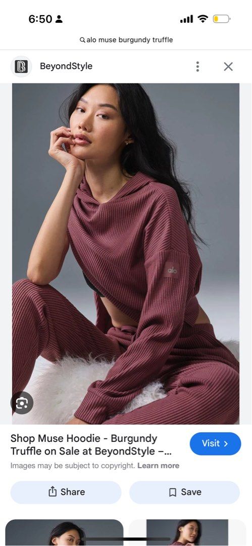 Alo Muse Hoodie & Sweatpant Set - Burgundy Truffle (Category: Activewear) located in Singapore. Submitted by sellsonfilmsx (Listing ID 1413849573, Image 1). Description: - Alo Muse activewear set - Color: Burgundy Truffle - Includes cropped hoodie and sweatpants - Features ribbed texture - Sweatpants with drawstring waist - Model wears size S - Suitable for lounging and light workouts.