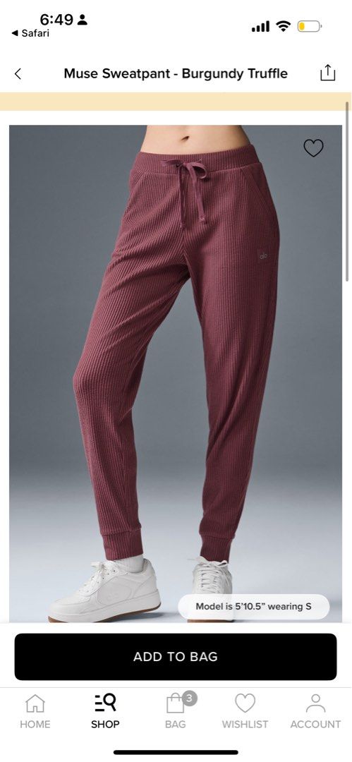 Alo Muse Hoodie & Sweatpant Set - Burgundy Truffle (Category: Activewear) located in Singapore. Submitted by sellsonfilmsx (Listing ID 1413849573, Image 2). Description: - Alo Muse activewear set - Color: Burgundy Truffle - Includes cropped hoodie and sweatpants - Features ribbed texture - Sweatpants with drawstring waist - Model wears size S - Suitable for lounging and light workouts.