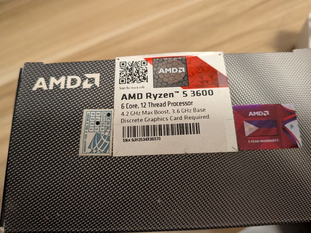 AMD Ryzen 5 3600 Processor CPU (Category: Computer Parts) located in Caloocan City. Submitted by morrisalc277932 (Listing ID 1413729369, Image 3). Description: - AMD Ryzen 5 3600 processor - 6 Cores, 12 Threads - 3.6 GHz Base Clock, 4.2 GHz Boost Clock - Requires a discrete graphics card - Includes original box and cooler.