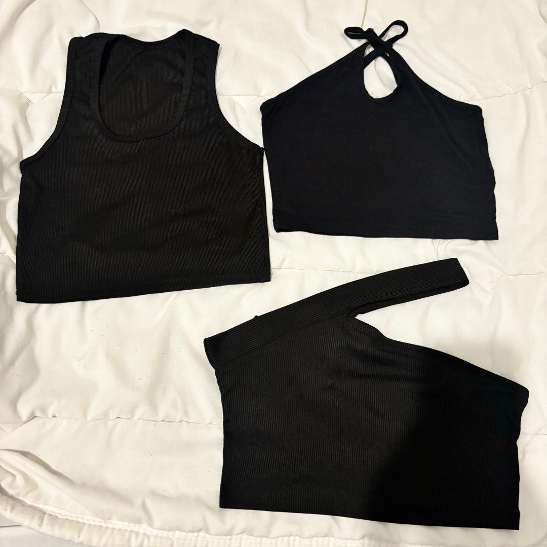Black Sleeveless Tops (Category: Blouses) located in Quezon City. Submitted by __declutterwithme (Listing ID 1413835037, Image 1). Description: Black Tank Top - 65 Black Criss Cross Top - 75 Black One Shoulder Top - 65 .