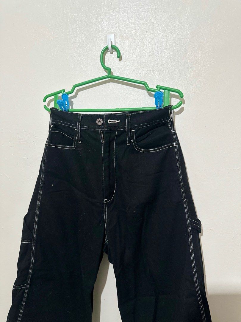 Black Wide Leg Pants with White Stitching (Category: Other Bottoms) located in Sorsogon. Submitted by declutter.sandie (Listing ID 1413833000, Image 1). Description: - Black wide-leg pants - White stitching details - Button and zipper closure - Two front pockets - Two back pockets - Visible stitching on seams and pockets - size 24 length 37.