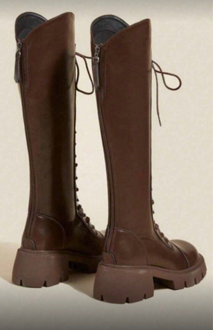 Brown Knee High Lace Up Boots chunky (Category: Boots) located in Bacoor. Submitted by everything_etc. (Listing ID 1413695643, Image 2). Description: - Brown leather knee-high boots - Lace-up design - Chunky heel - Back zipper for easy wear - Round toe - Sturdy sole - Suitable for various occasions Used once.