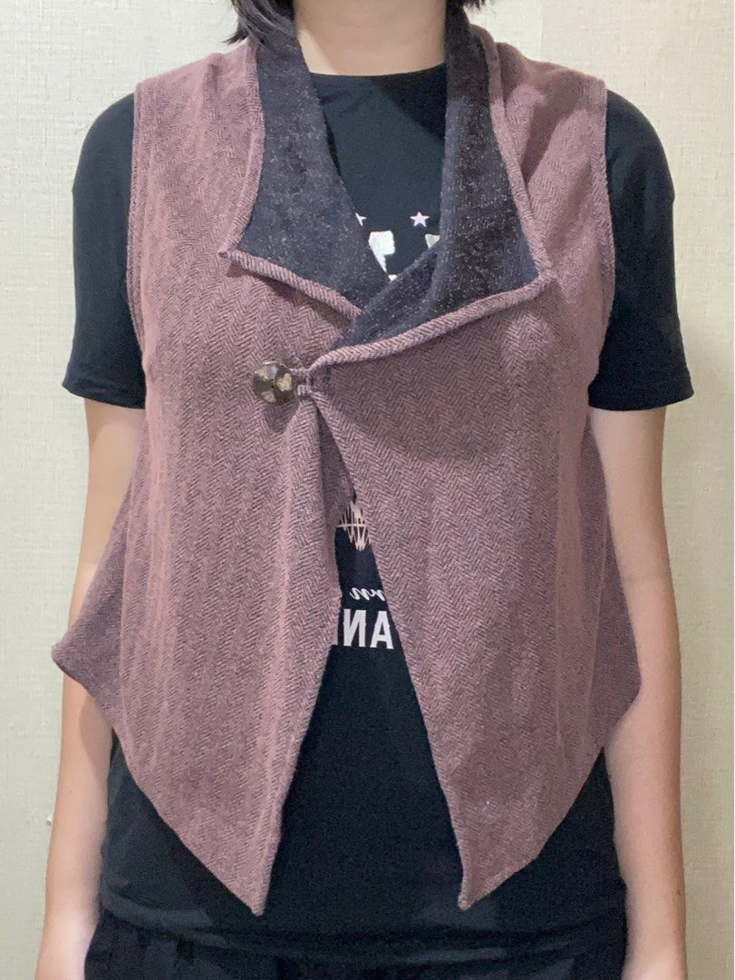 Brown Vest with Button Closure (Category: Coats, Jackets and Outerwear) located in Nagcarlan. Submitted by sever4ls (Listing ID 1413814870, Image 2). Description: - brown vest - unique button closure - contrasting dark lining - sleeveless - textured fabric - distinctive collar - great for layering brown color in person l - xl .