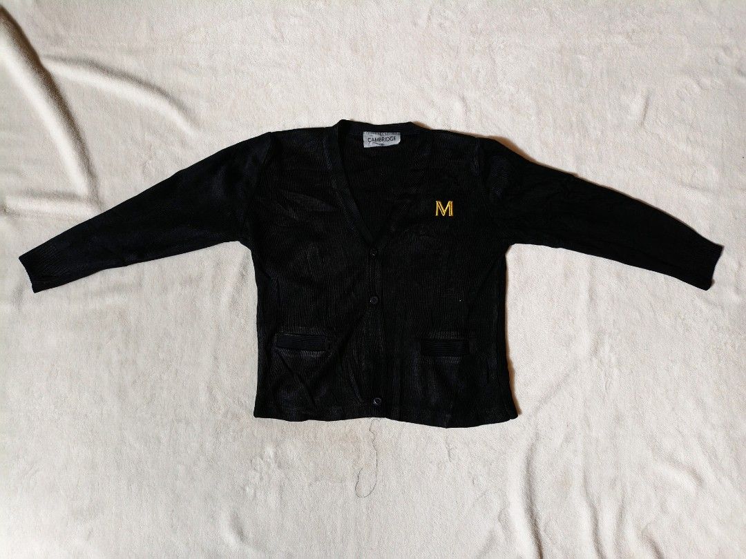 Cambridge Black Cardigan with 'M' Logo (Category: Coats, Jackets and Outerwear) located in Manila. Submitted by hulyaaa123 (Listing ID 1413773381, Image 3). Description: - kulang Ng Isang butones, good quality. XS - Small Ang size..
