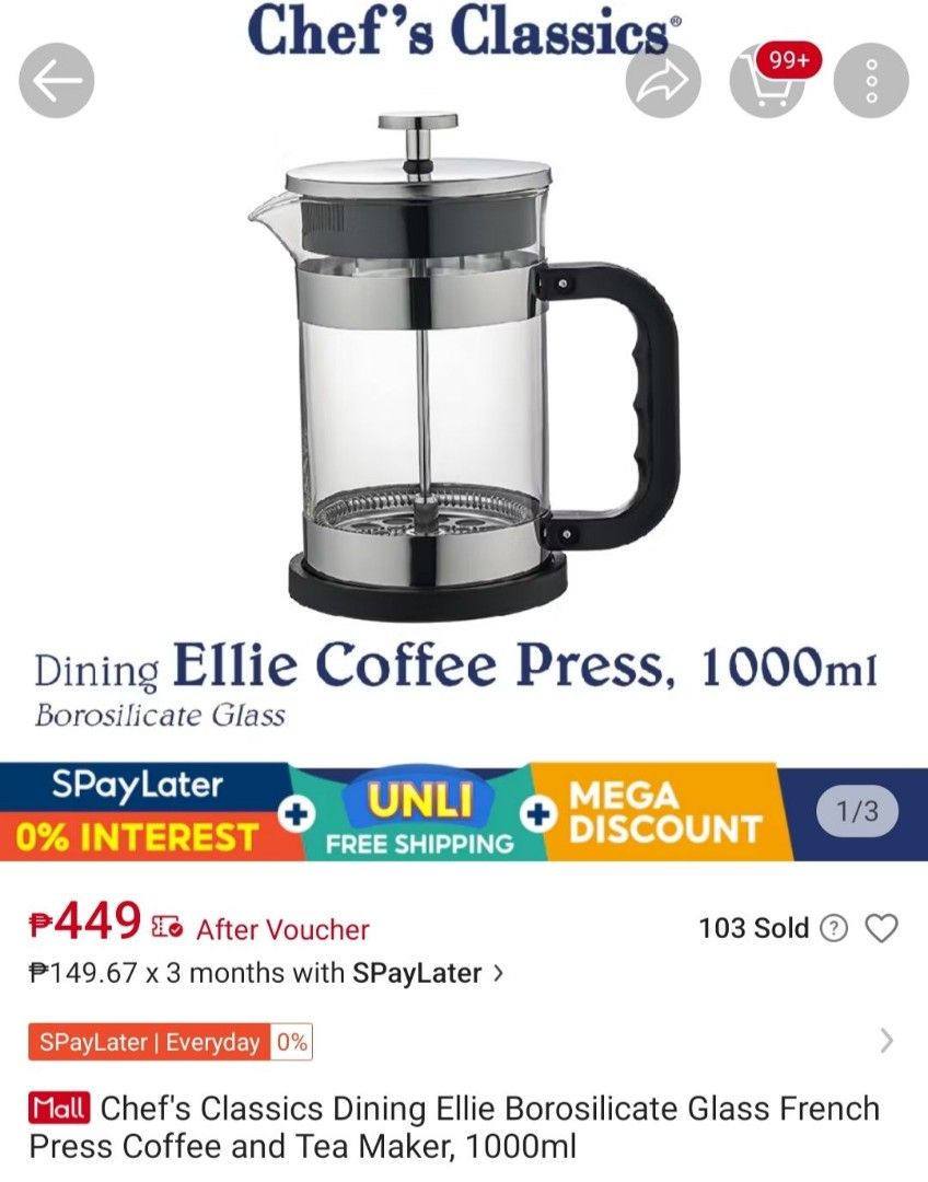 Coffee press 600ml (Category: Coffee & Tea Tableware) located in Manila. Submitted by anythinggoesshop (Listing ID 1413777197, Image 3). Description: intended as a gift but bought the wrong size. bought for 449.(with voucher) brand new never used..